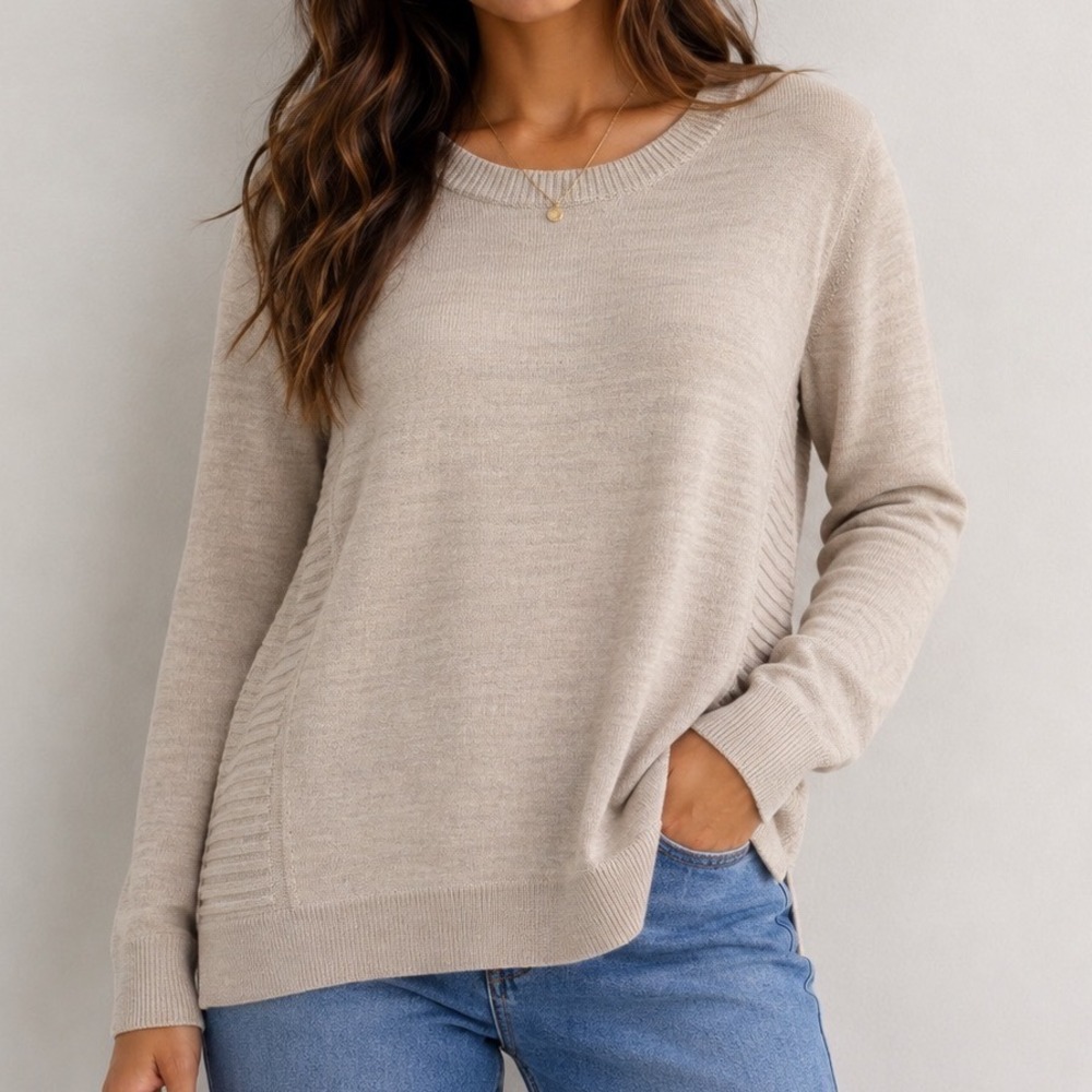 Cynthia Rowley 100% Merino WOOL Sweater M Beige Ribbed Quiet Luxury Knit